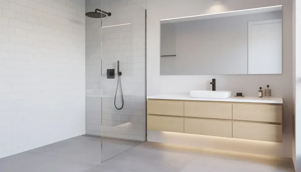 The image features a modern bathroom showcasing a white tiled shower and a stylish floating wooden vanity, creating a sleek and functional space. This design exemplifies mid range bathroom renovation ideas, blending practicality with contemporary aesthetics.